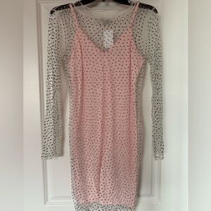 BNWT rhinestone embellished mesh dress in coral pink- Size S